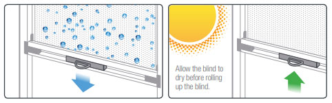 Diagram showing rolling Ziptrak blinds up and down during different weather conditions