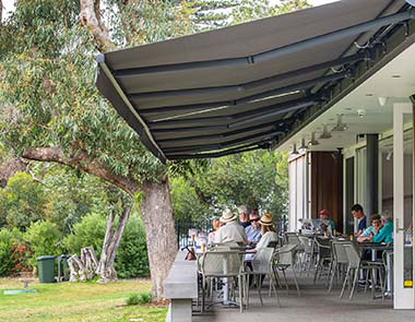 People having lunch under a patio shade